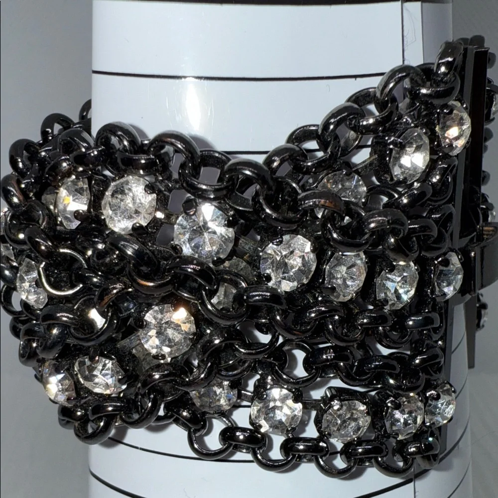 Vintage thick gun metal Black Chain Bracelet scattered rhinestones